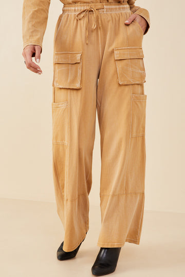 HY7814W Pink Plus Washed Cargo Pocket Detail Wide Leg Knit Pants Front
